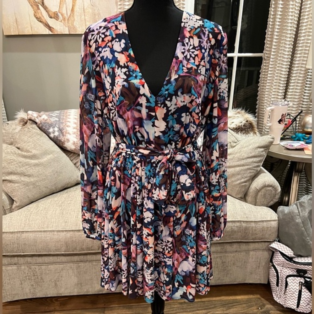 Sold-eBay-Badgley Mischka Alison V-Neck Garden Dress Purple Blue Floral Size 12